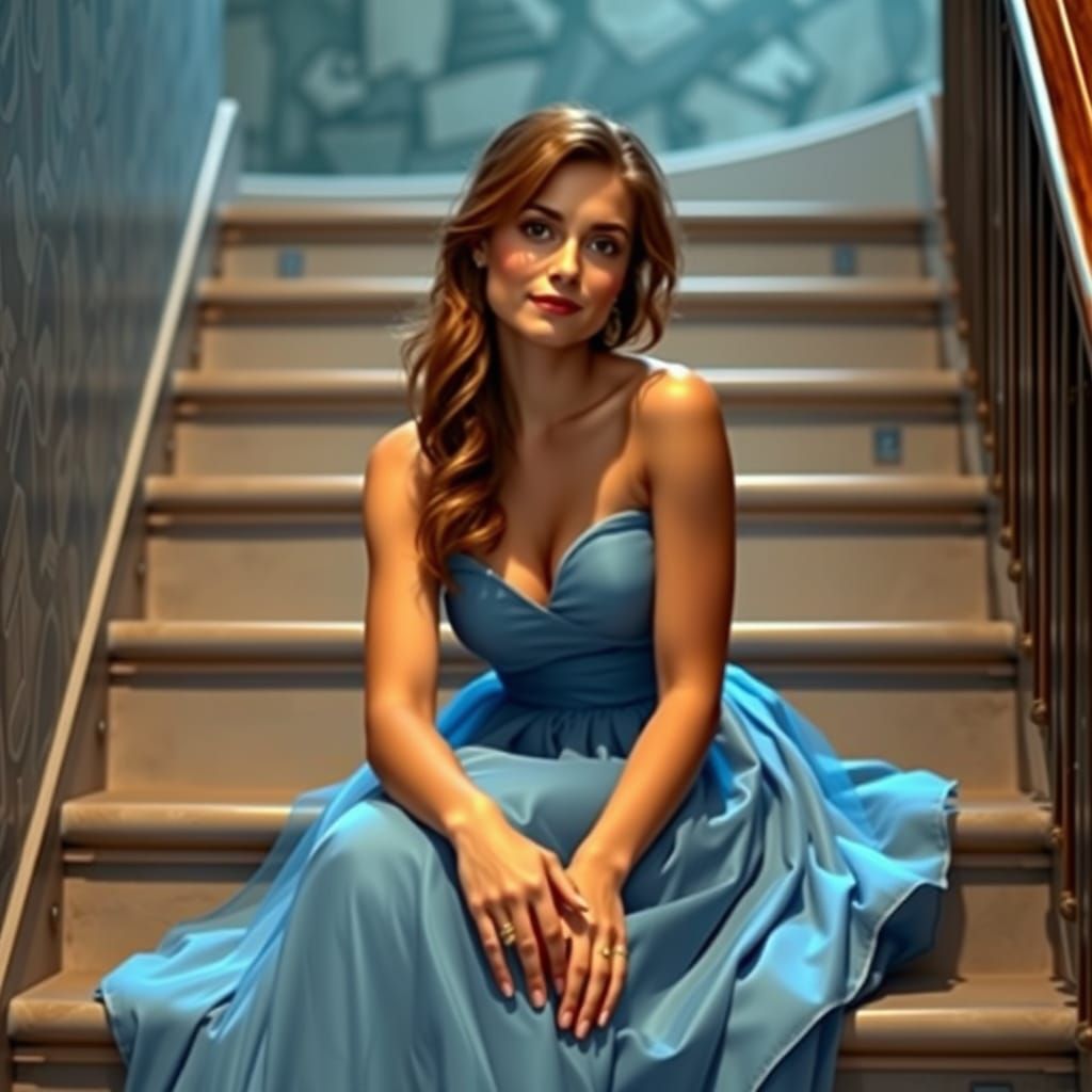 Cinderella on the Stairs in Flowing Blue Dress