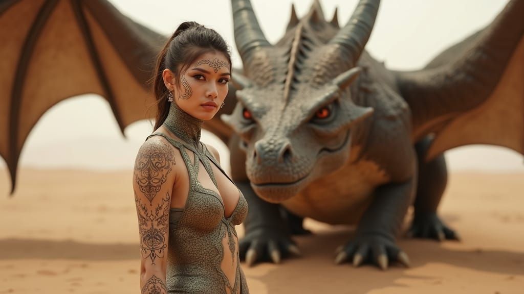 Rococo Woman Adorned with Dragonrider Body Paint, Surrounded...