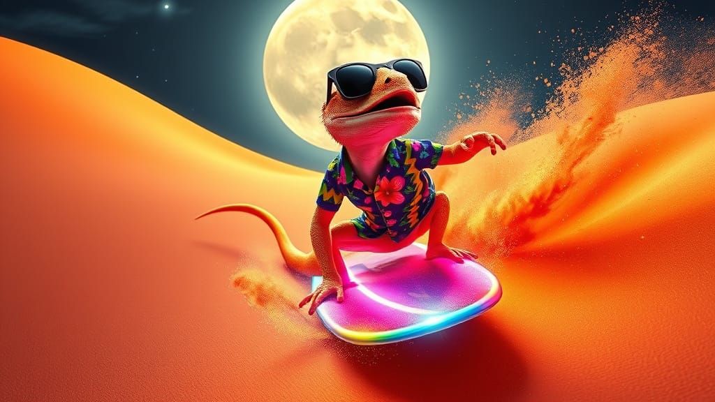 Gecko Surfs Cosmic Sand Dune under Full Moon