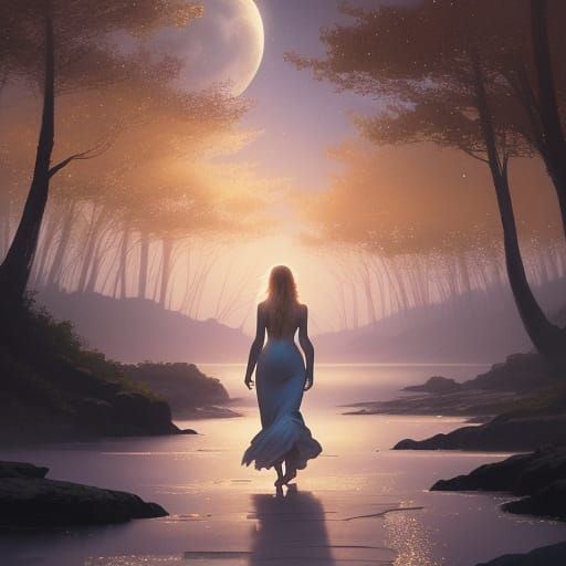 Mystical Moonlit Island Scene in Dreamy Watercolor Style