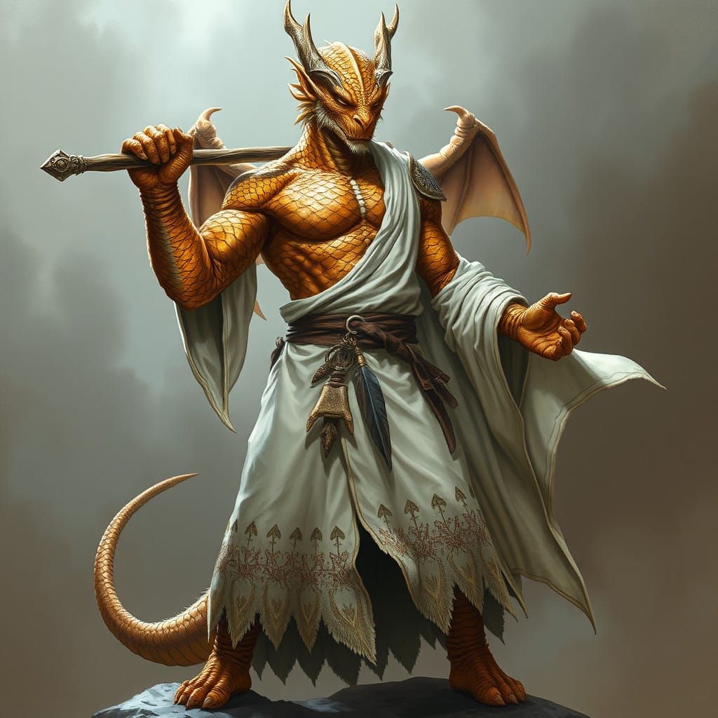 Brass Dragonborn Warrior Poses with Quarter Staff Shillelagh