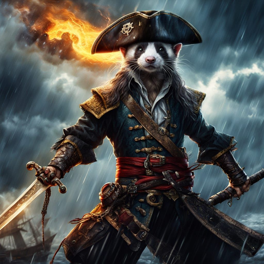 Fierce Pirate Ferret Swings Above Burning Ship