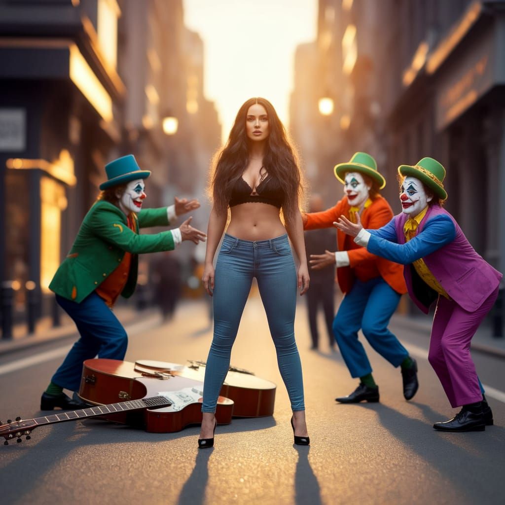 Long hair woman in the middle of the road. Blue jeans belly ...