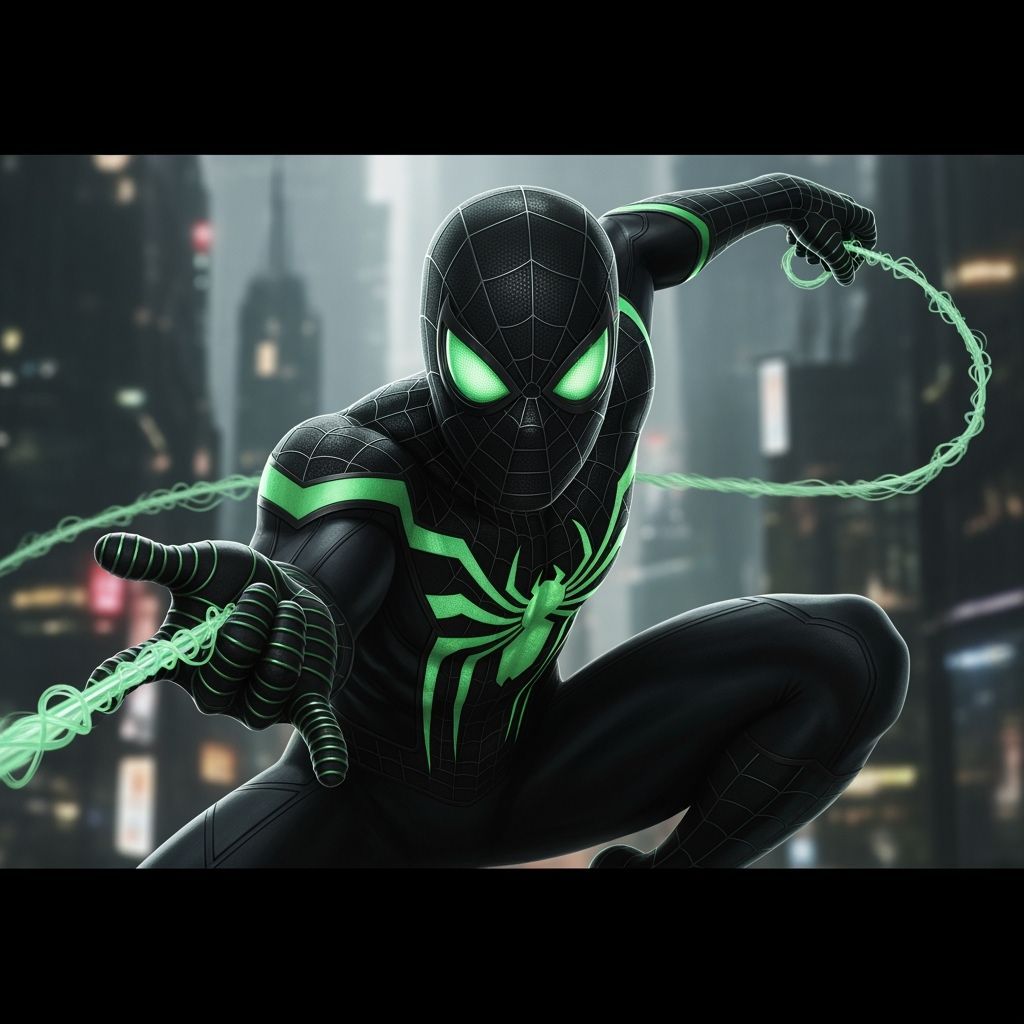 Spider-Man with Glowing Green Webbing in Dark Style