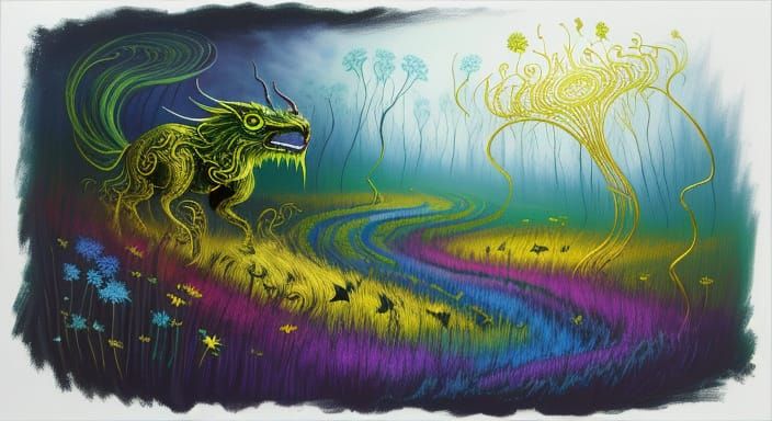 Abstract Expressionist Creature in Eerie Meadow