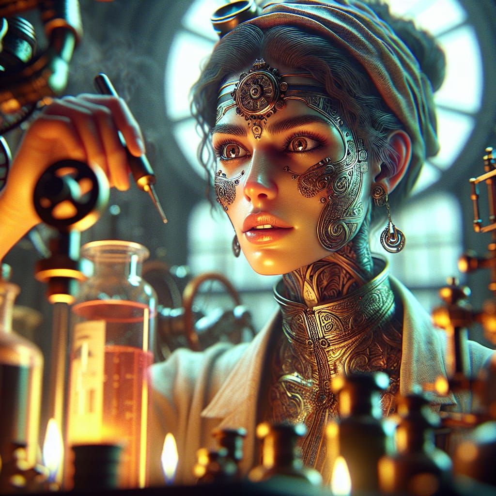 Steampunk Scientist Portrait in a Vibrant Laboratory