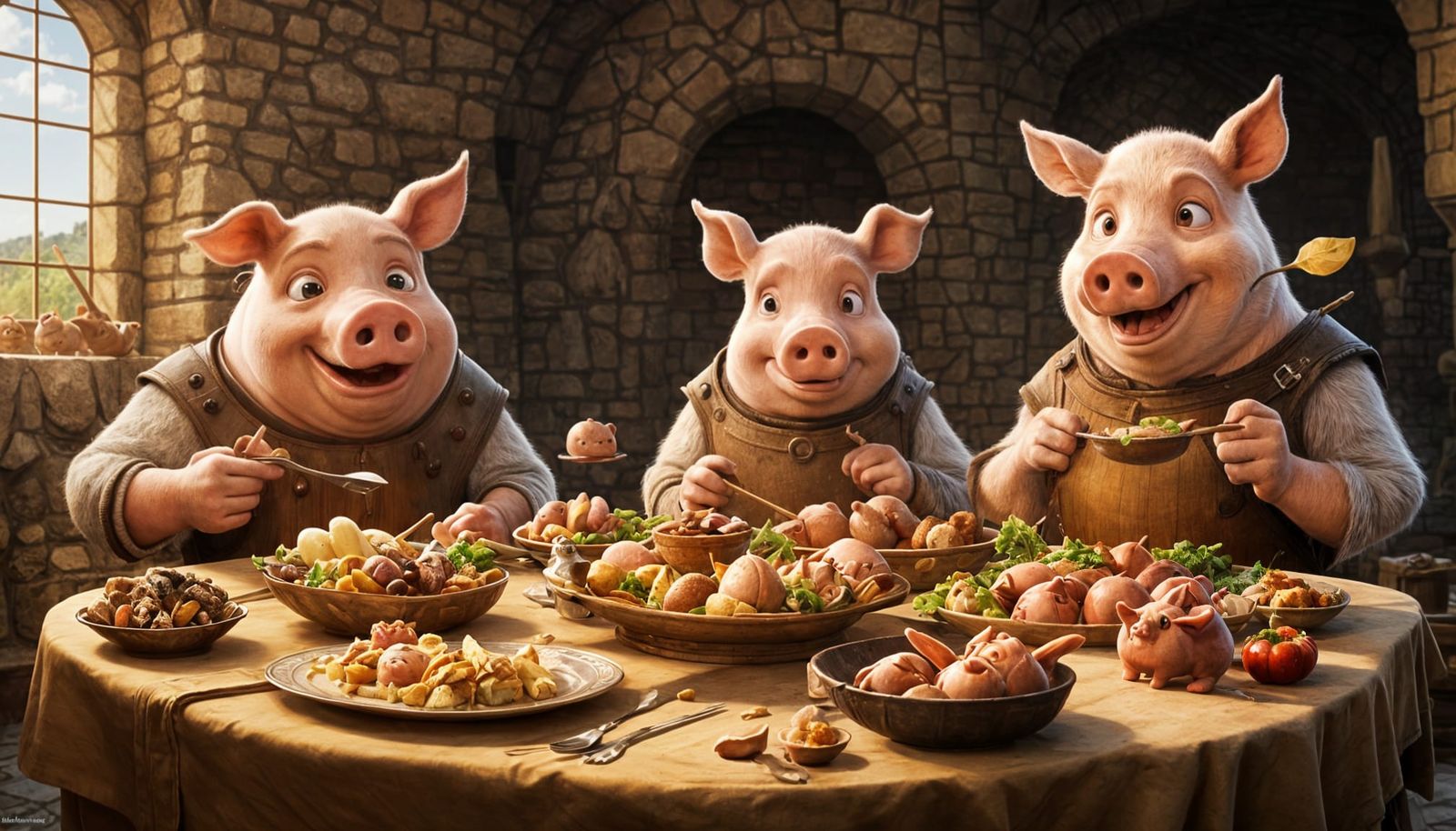 Anthropomorphic Pigs Feasting in Medieval Castle, Pixar Styl...