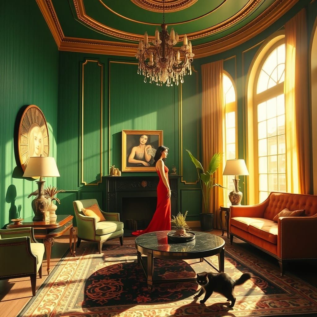 Golden Era Living Room Scene with Elegant Woman and Cat