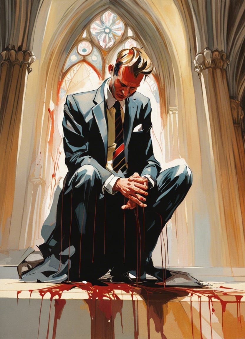 Man's Anguish in Gothic Cathedral, Classic Pin-Up Style