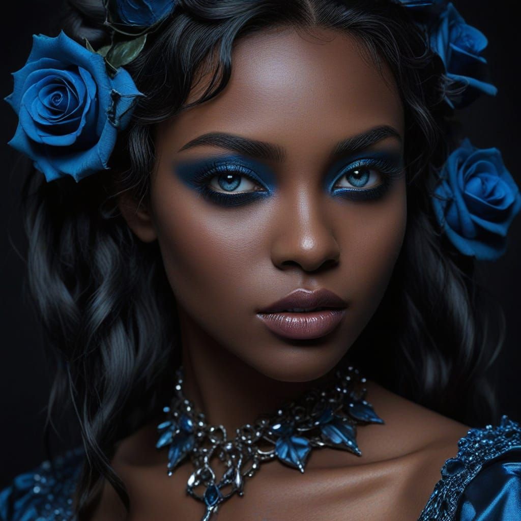 Gothic Beauty in Ebony Skin and Sapphire Blue