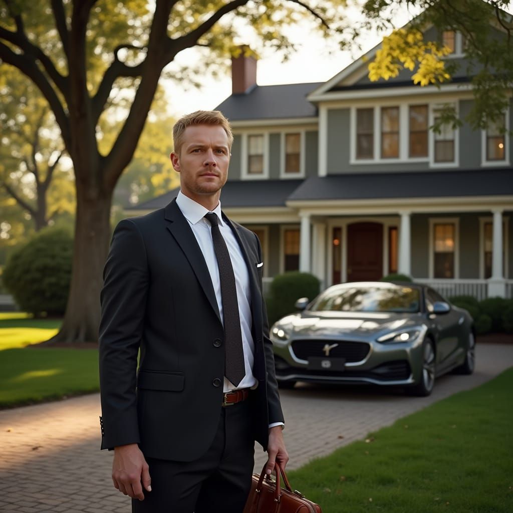 Hyperrealistic Photo of Man in Blazer Outside New England Ho...