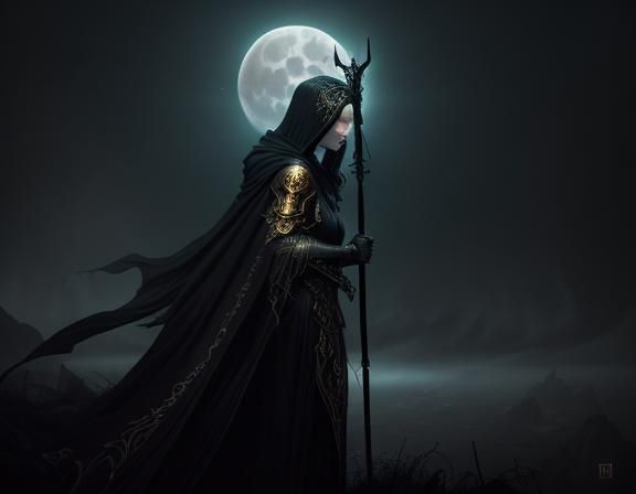 Winged Figure Before Moon in Gothic Fantasy Art