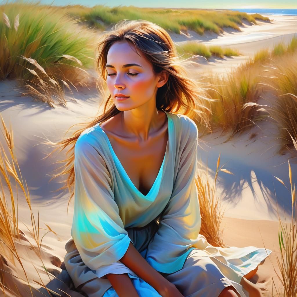 Woman on Dunes: Impressionist Oil Painting