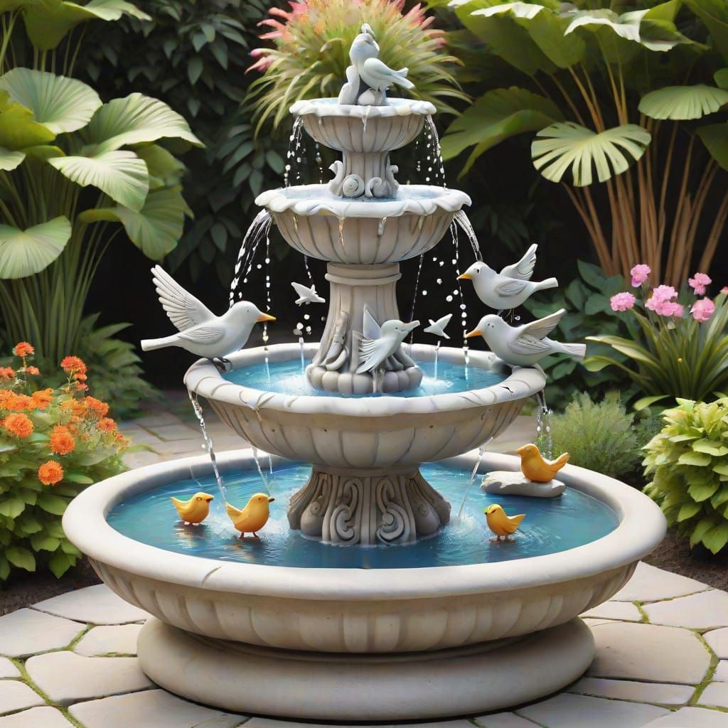 Whimsical Fountain with Birds and Fish