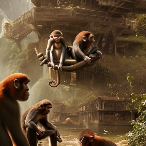 Monkeys Throwing Feces in Epic Digital Painting