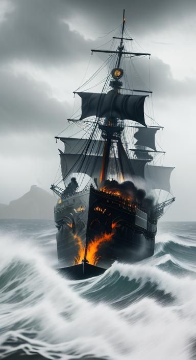 Skull Ship Navigates Stormy Seas in Dark Fantasy Art