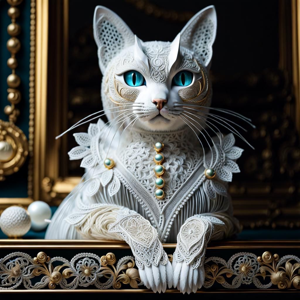 Lace Cat on Mantlepiece: Hyperrealistic 8K Art