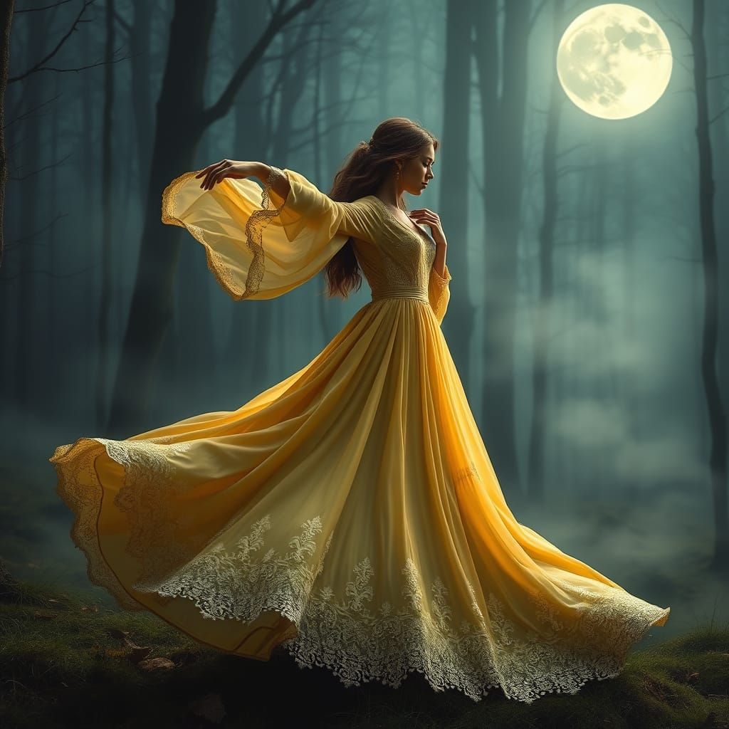 Mystical Forest: Woman in Yellow Dress Dancing in Moonlight