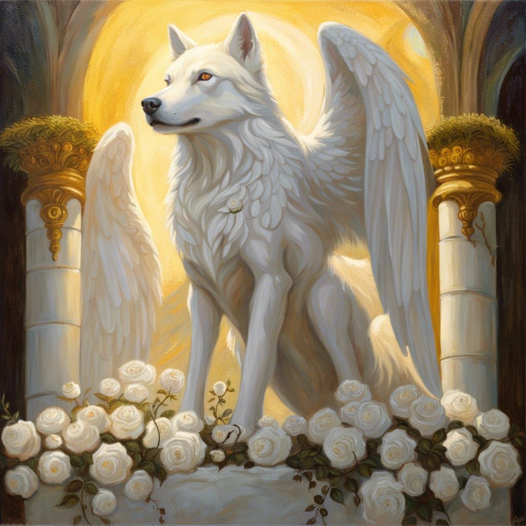 Angelic White Wolf in Gothic Rose Field