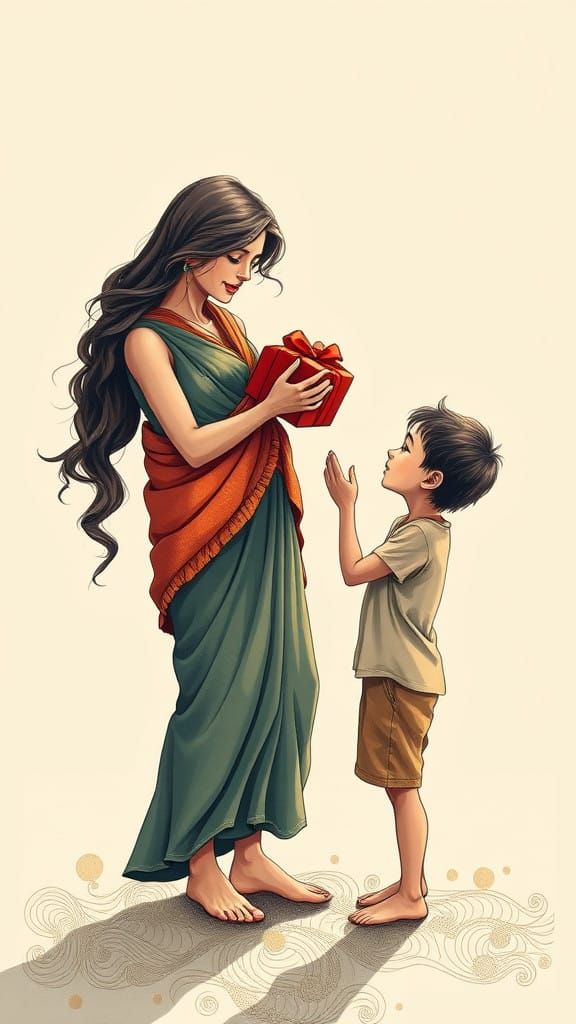 Woman in Zentangle Style Giving Gift to Homeless Child