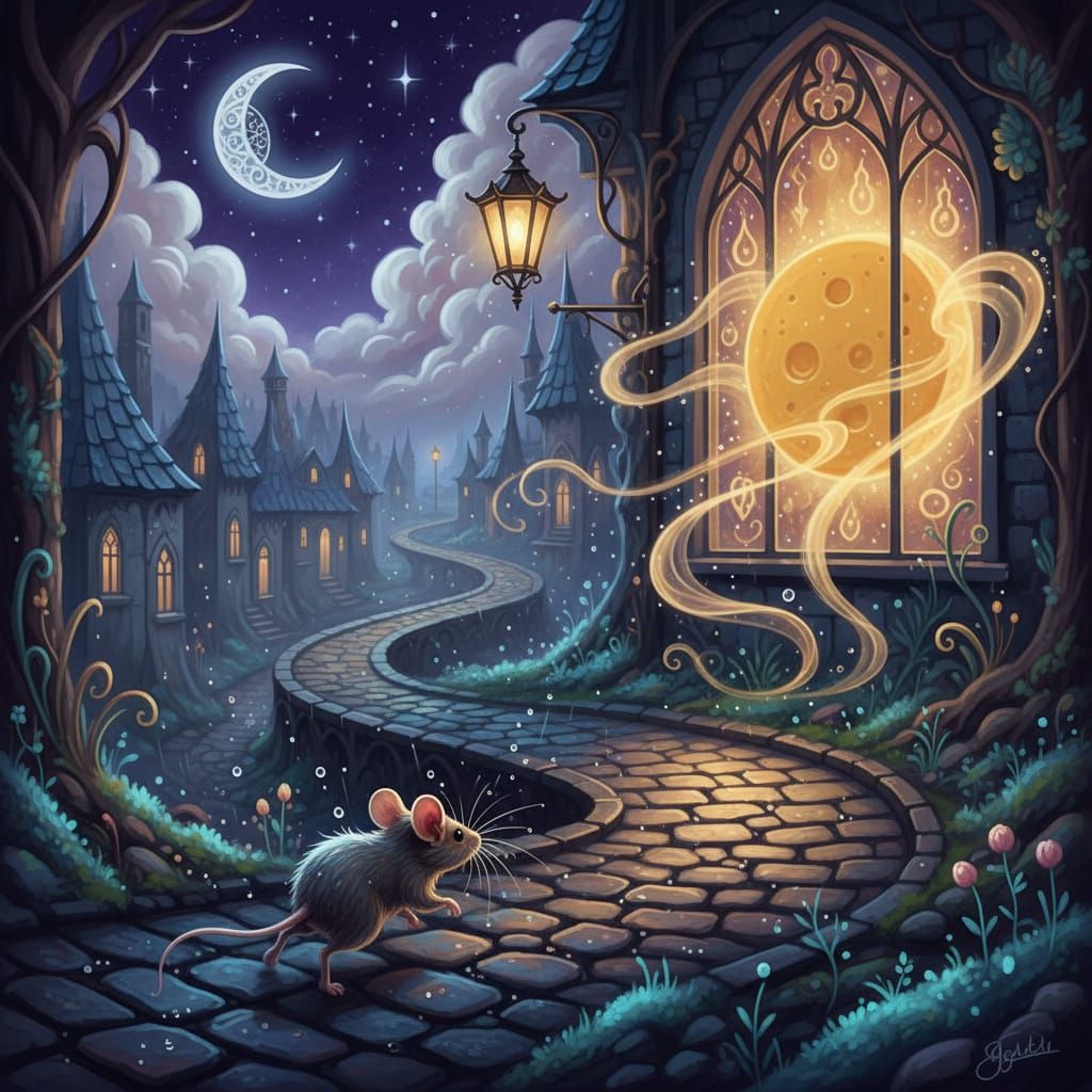 Tiny Mouse in Rainlit Cobblestone Alleyway, Fairytale Style