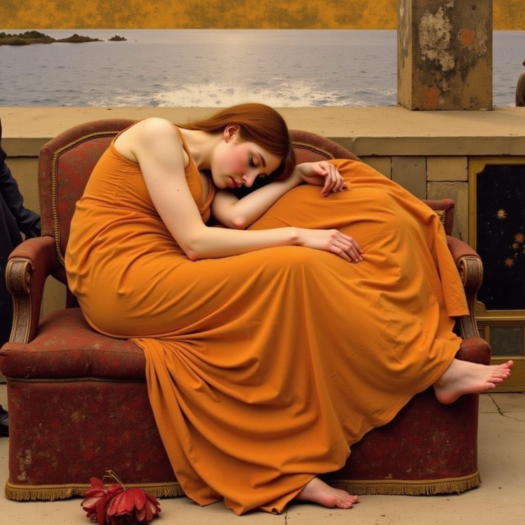 Serene Woman Sleeping in Flowing Orange Garment