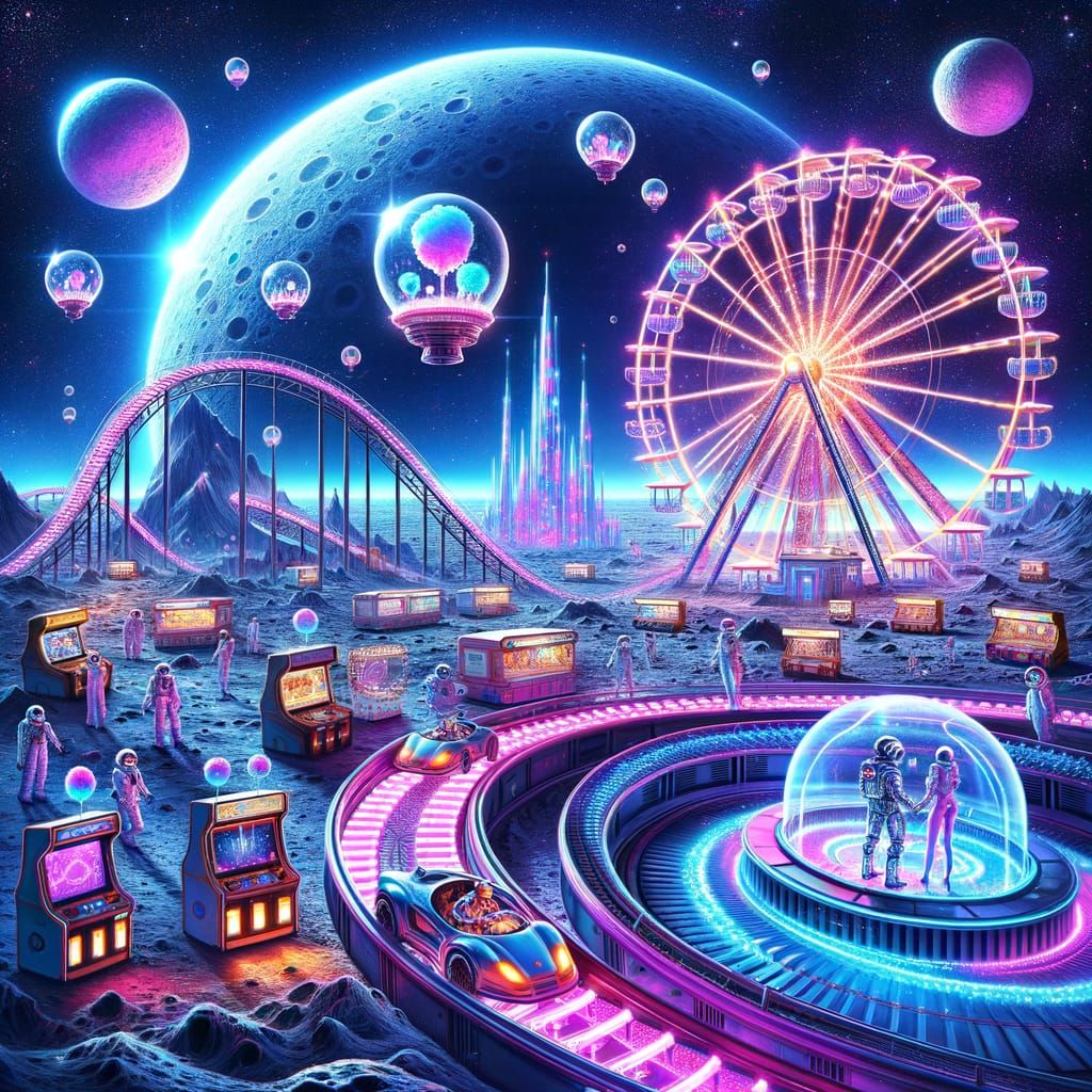 Surreal Moonlit Amusement Park in Cyberpunk Style