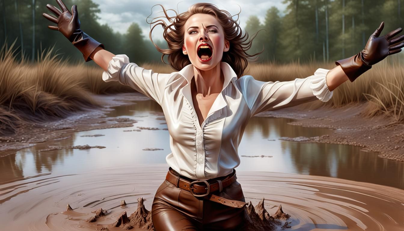 Woman Sinking in Quicksand: Hyperrealistic Splash Art
