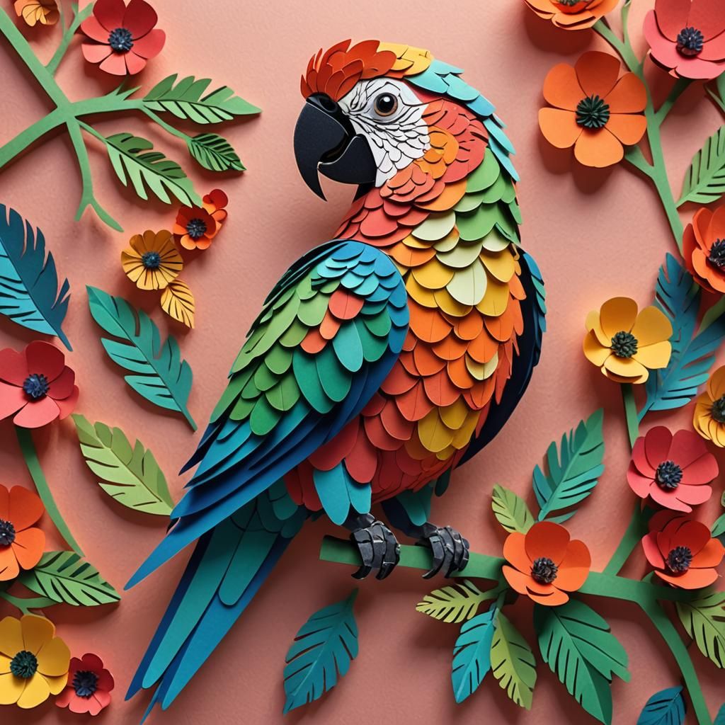 Colorful Papercraft Parrot on a Branch