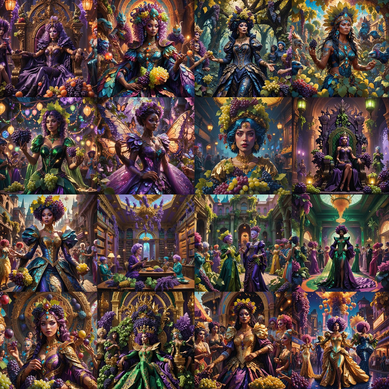 Fantastical Drag Queens with Grapes, Detailed Matte Painting