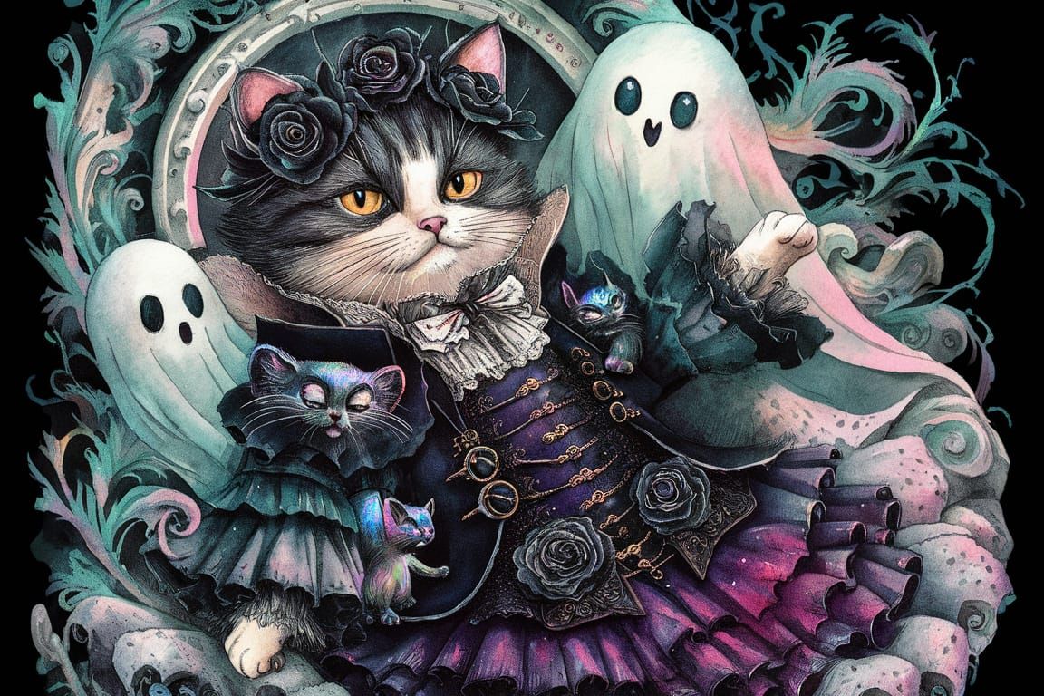 Felix the Cat in Gothic Watercolor Illustration