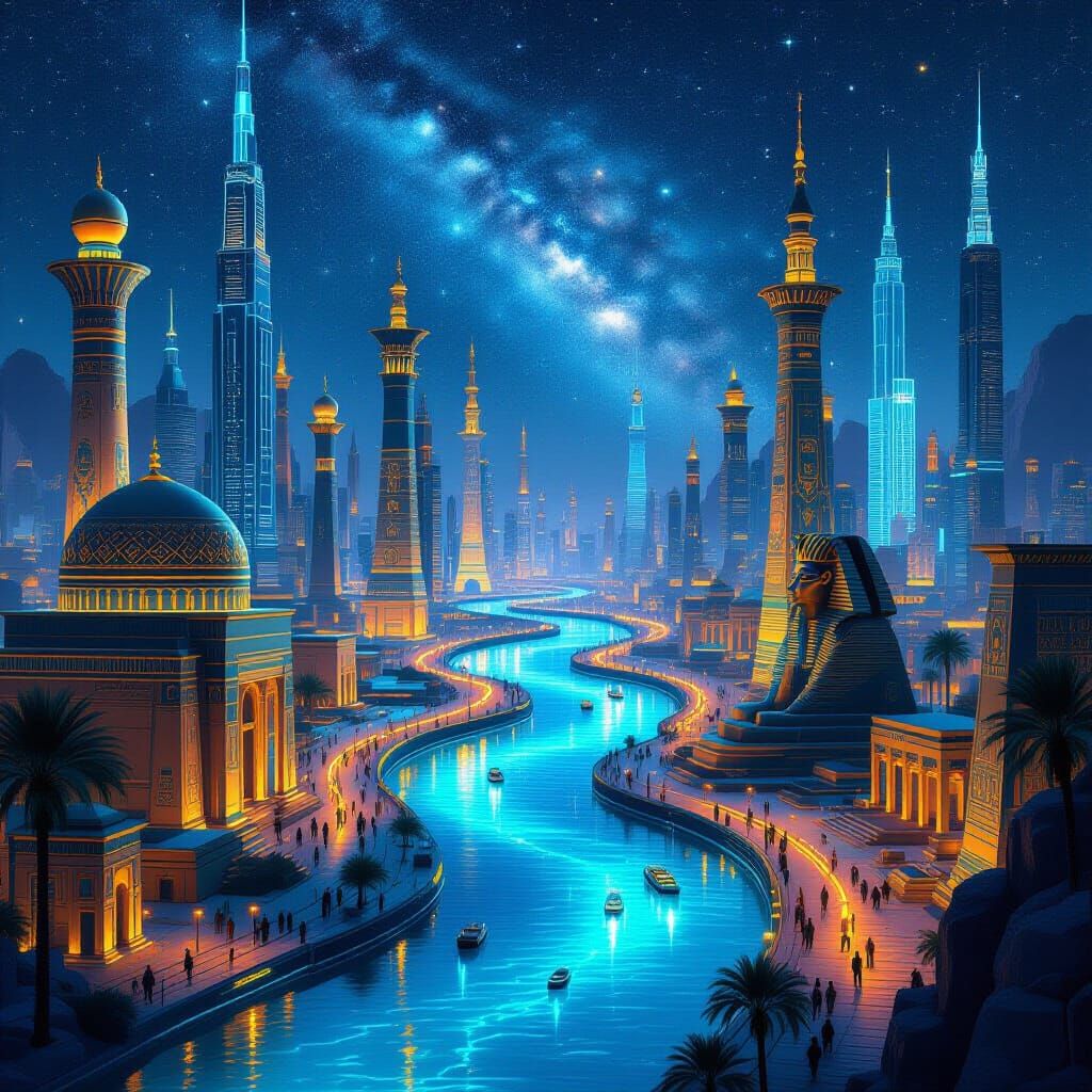 Futuristic Egyptian Cityscape at Night in 2D Digital Art