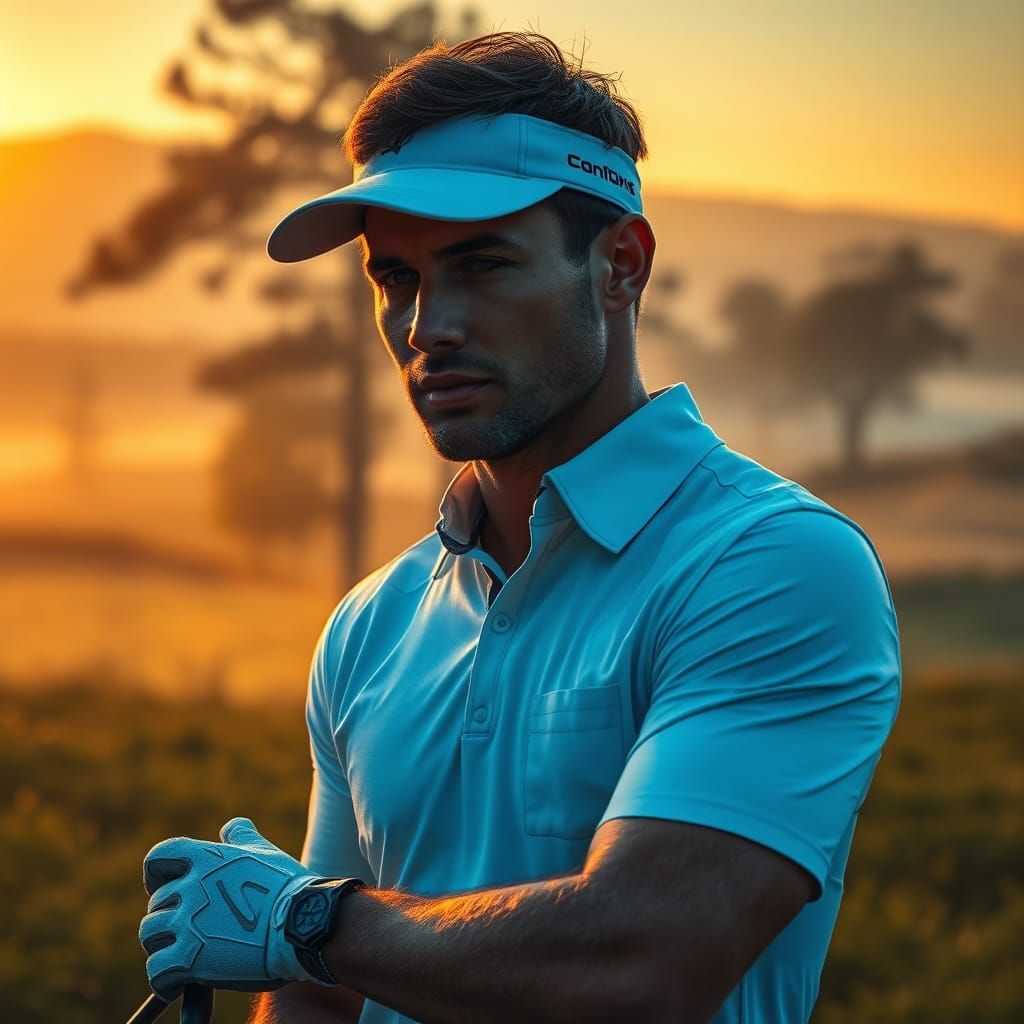 Golfer in Misty Dawn Landscape, Hyperrealistic Digital Art