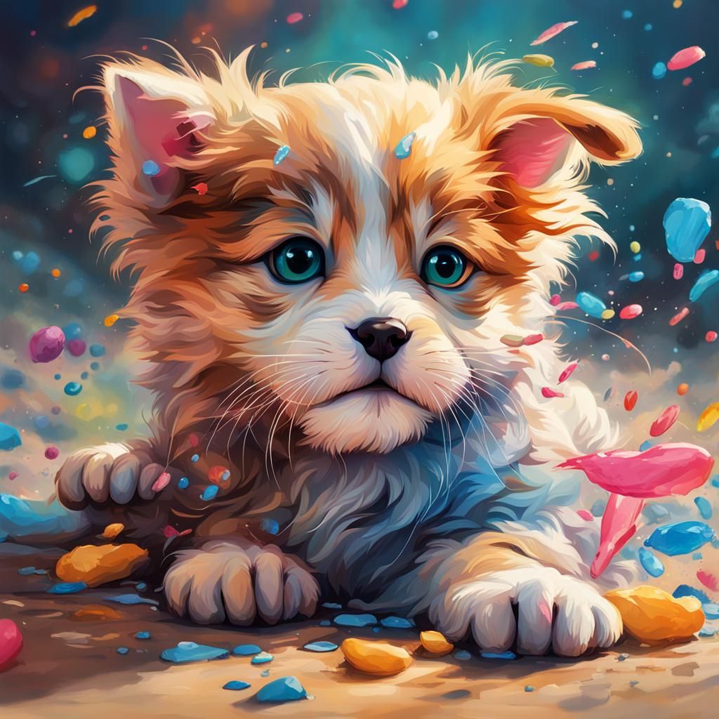 Adorable Puppies and Kittens in Splash Art Style