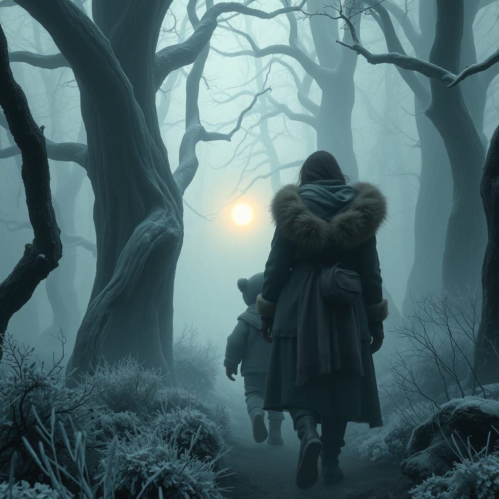 Mystical Ice Age Scene of Mother and Child in Prehistoric Fo...