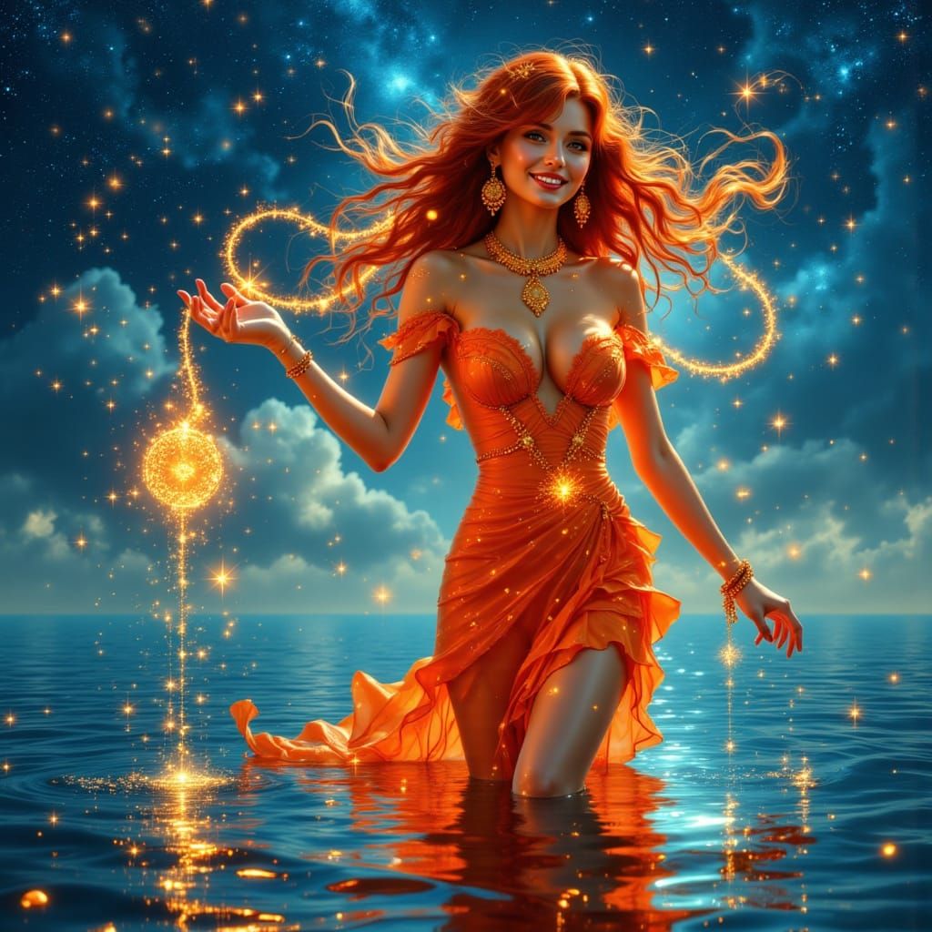 Enchantress Casting Orange Light on Starry Ocean
