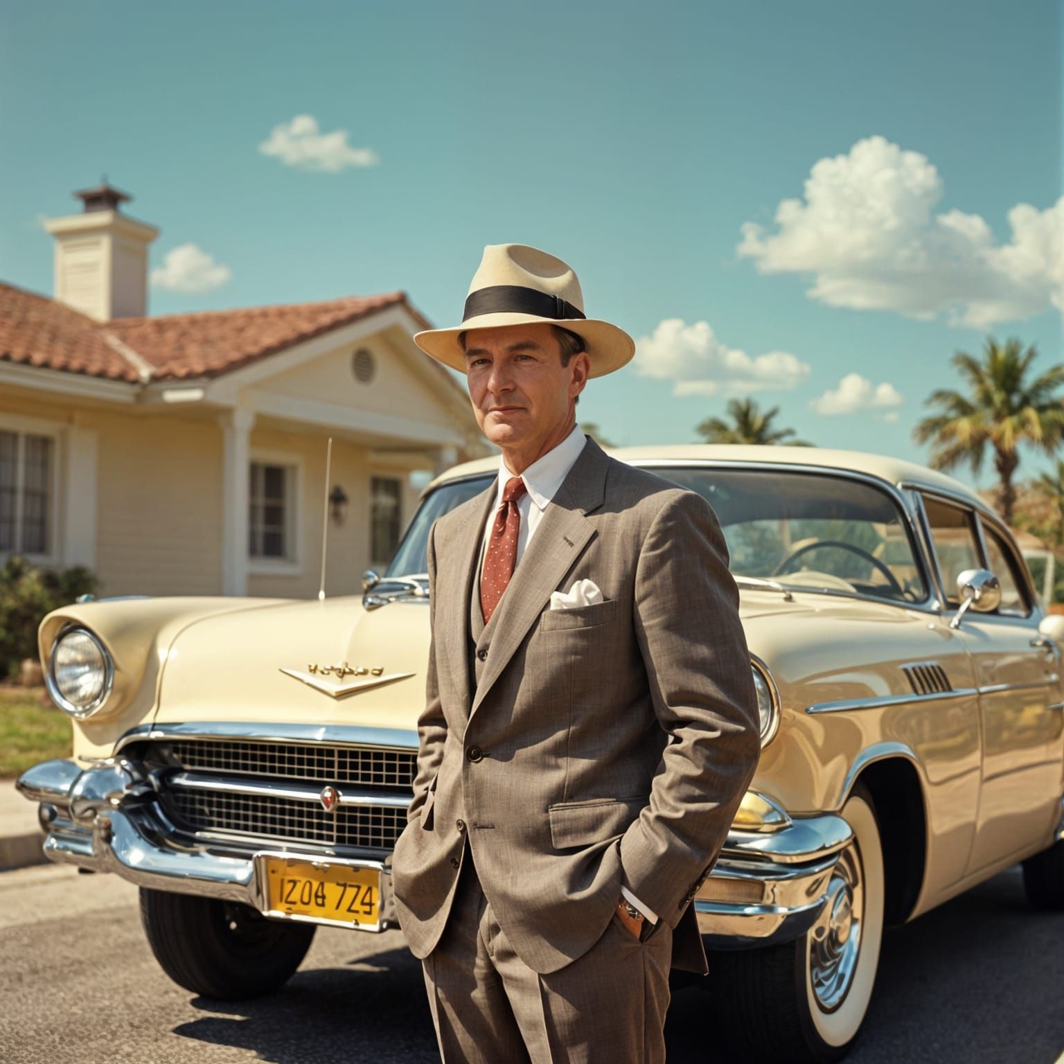 1950s Gentleman with Vintage Car, Kodachrome Style