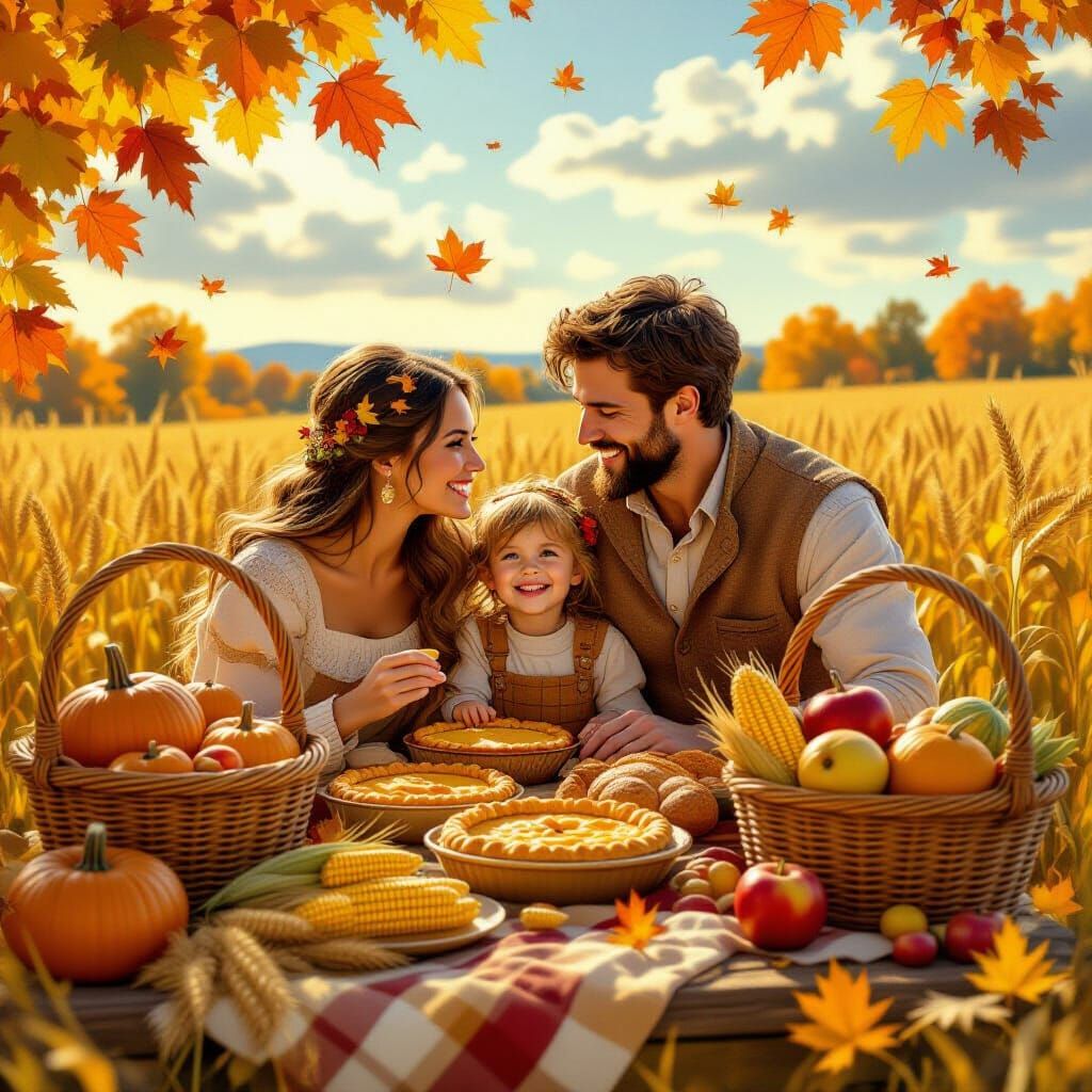 Family Harvest Feast in Sunny Autumn Landscape