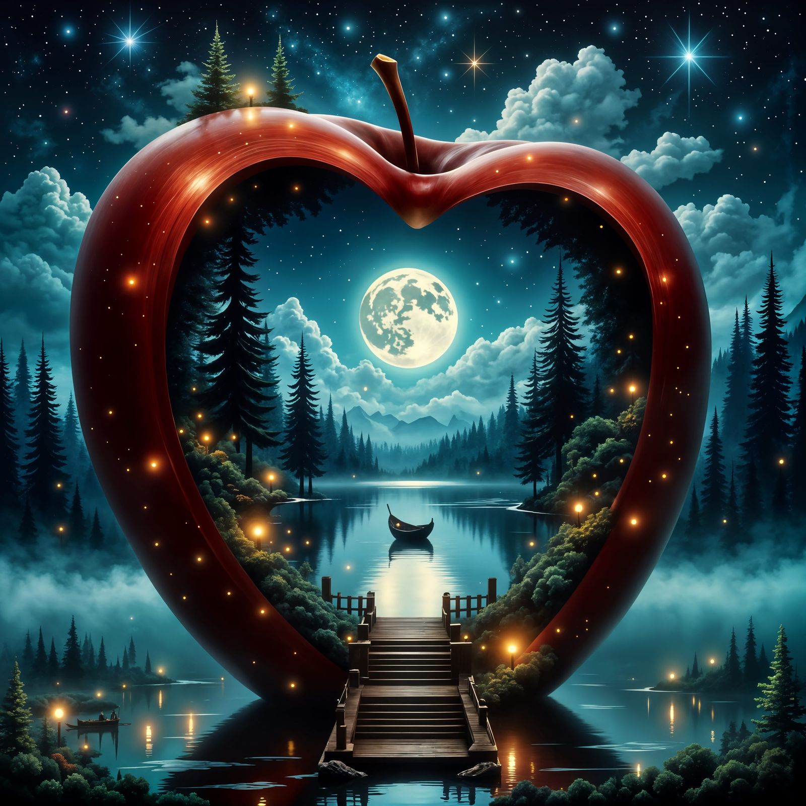 Dreamlike Moonlit Oasis in a Cosmic Apple