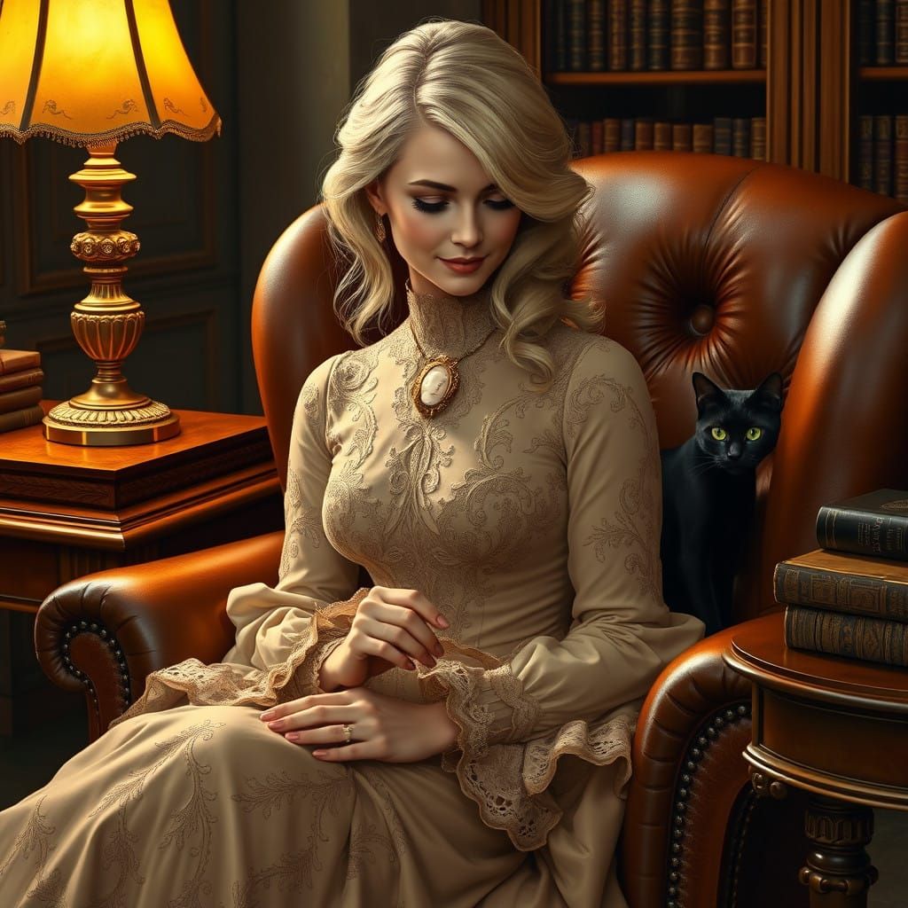 Elegant Victorian Lady Plays Solitaire in Luxurious Study