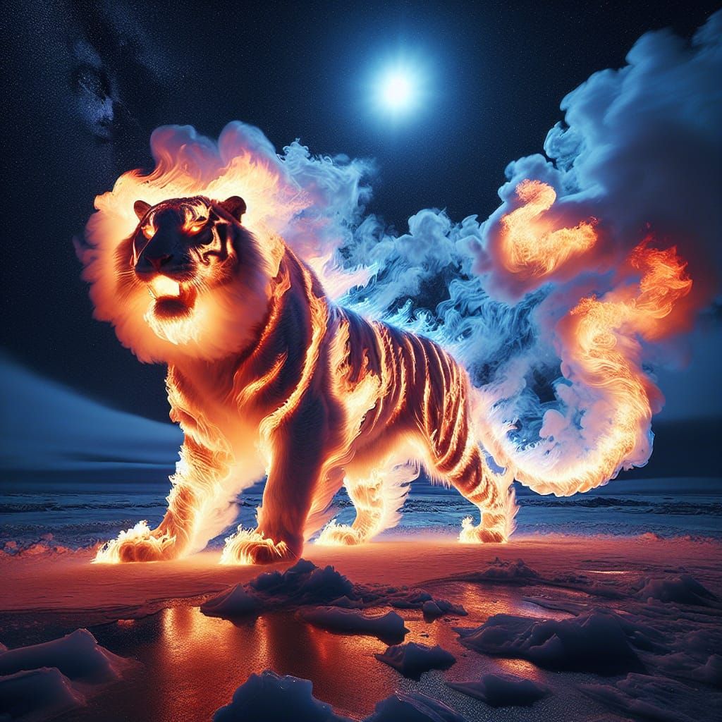 Ethereal Tiger of Blazing Flames in Arctic Landscape