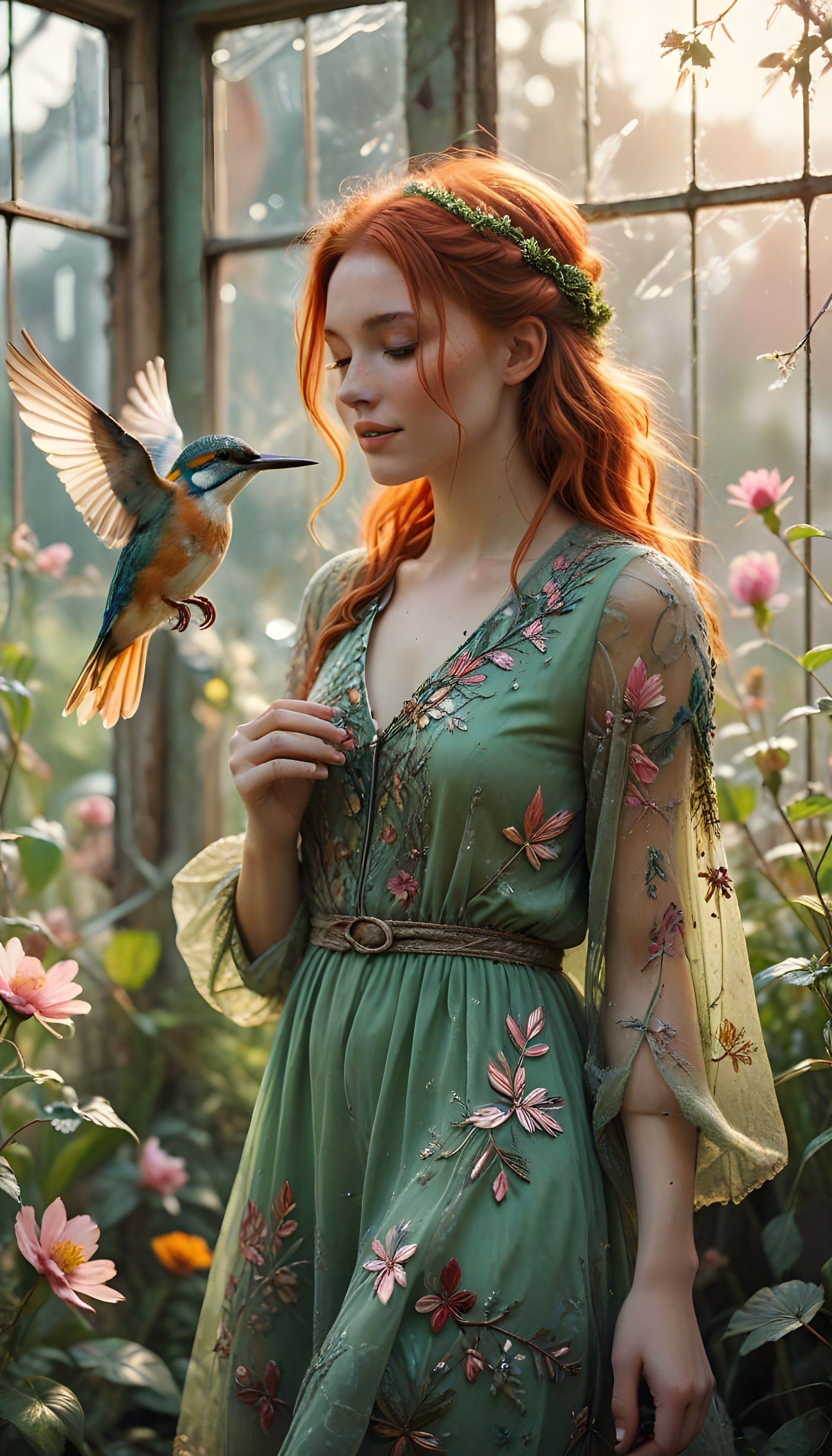 Enchanting Red-Haired Woman in Whimsical Greenhouse Setting