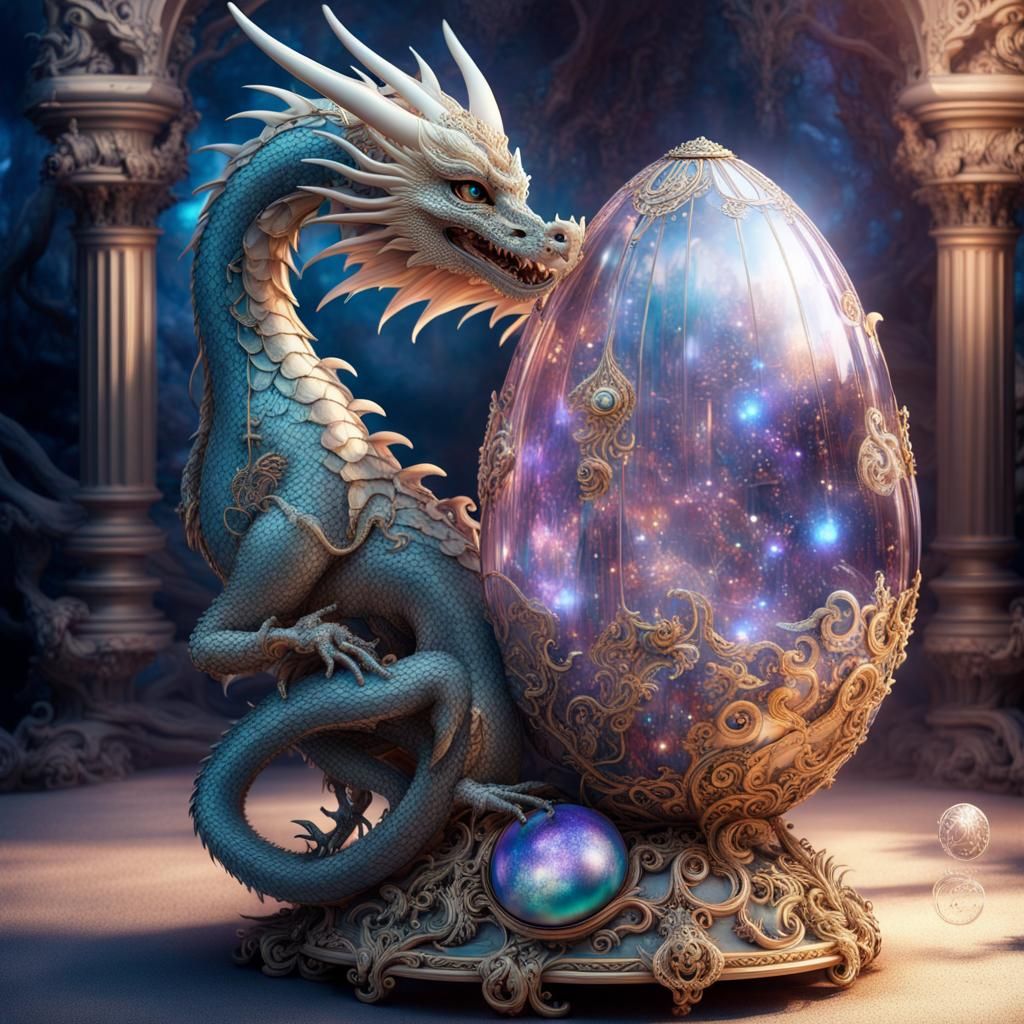 Dragon Guarding Jeweled Egg in Ethereal Dreamscape