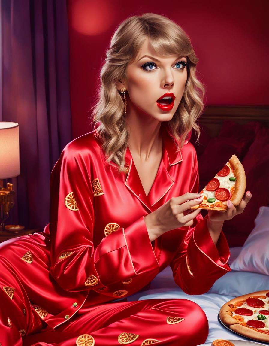 Taylor Swift Enjoys Pizza in Red Silk Pyjamas