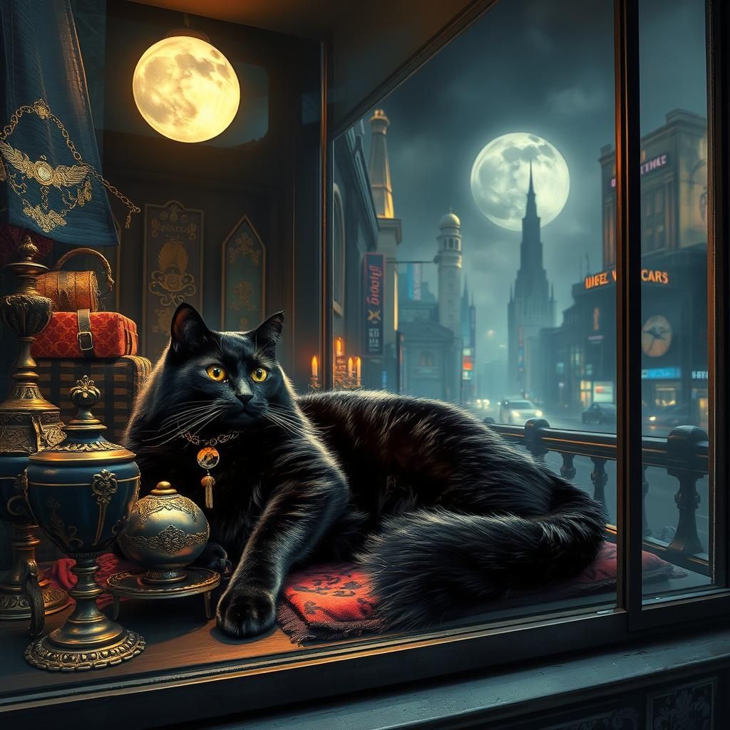 Black Cat Lounging in Baroque Boutique Window