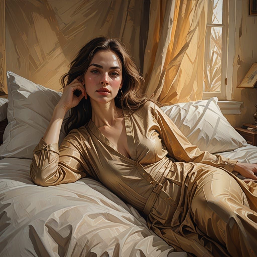 Woman on Bed: Detailed Oil Painting with Ethereal Effects