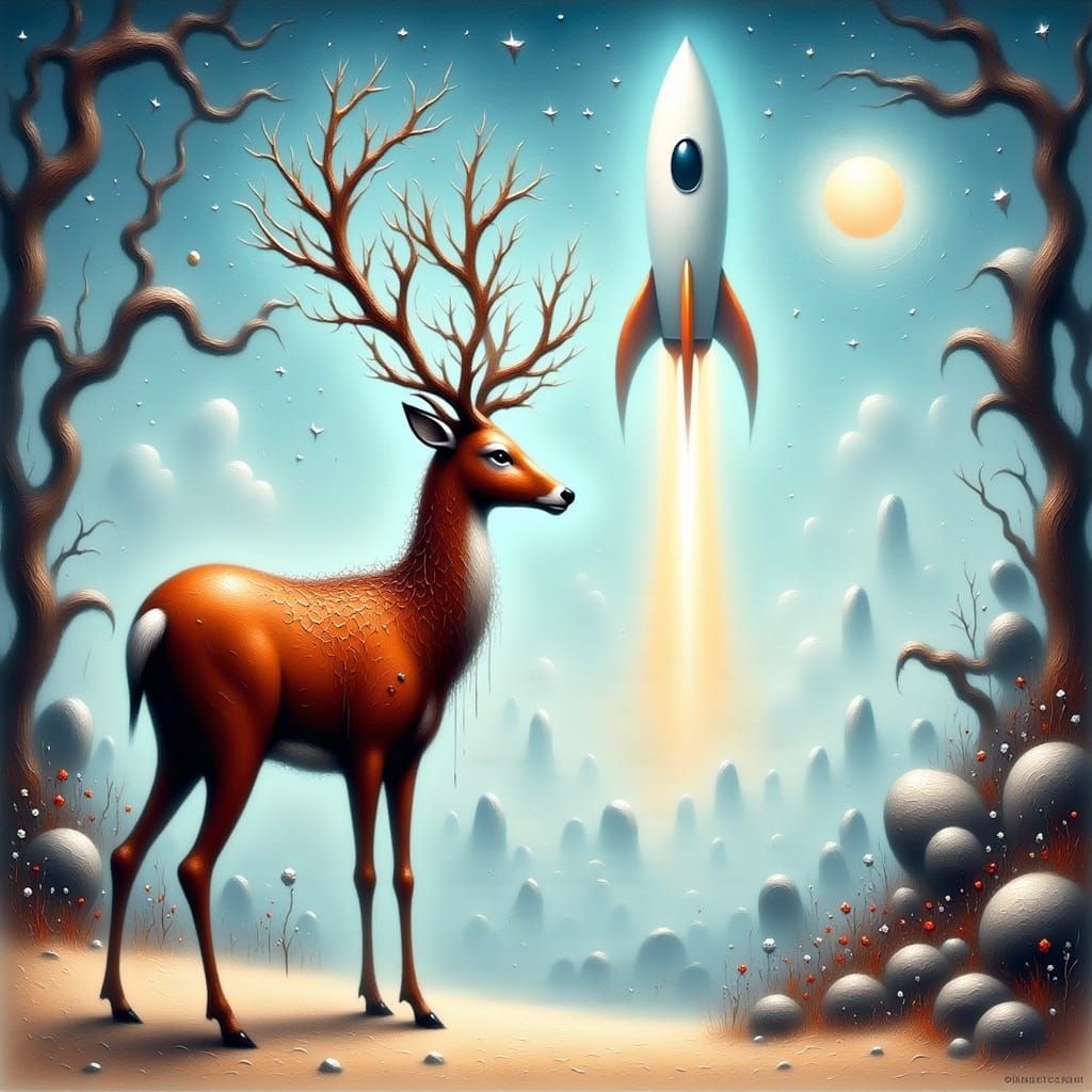 <lora:Black Fantasy:1.0>imagine a regal deer standing on the...