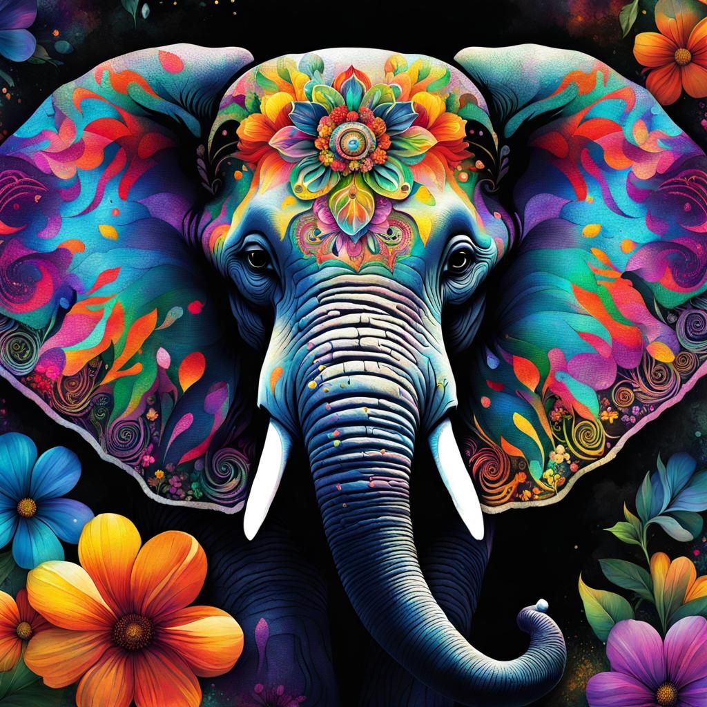 Elephant with Colorful Flowers in Psychedelic Art Style