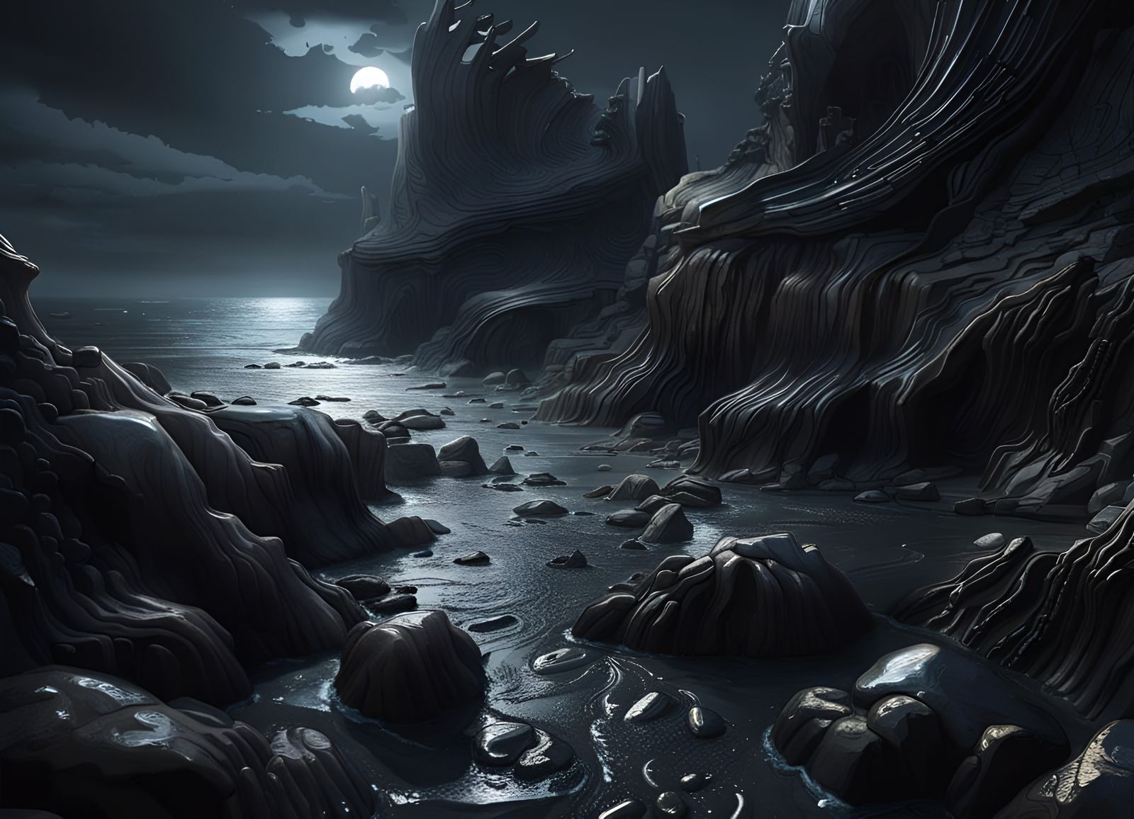 Stormy Rocky Shoreline at Night in Hyperrealistic Style