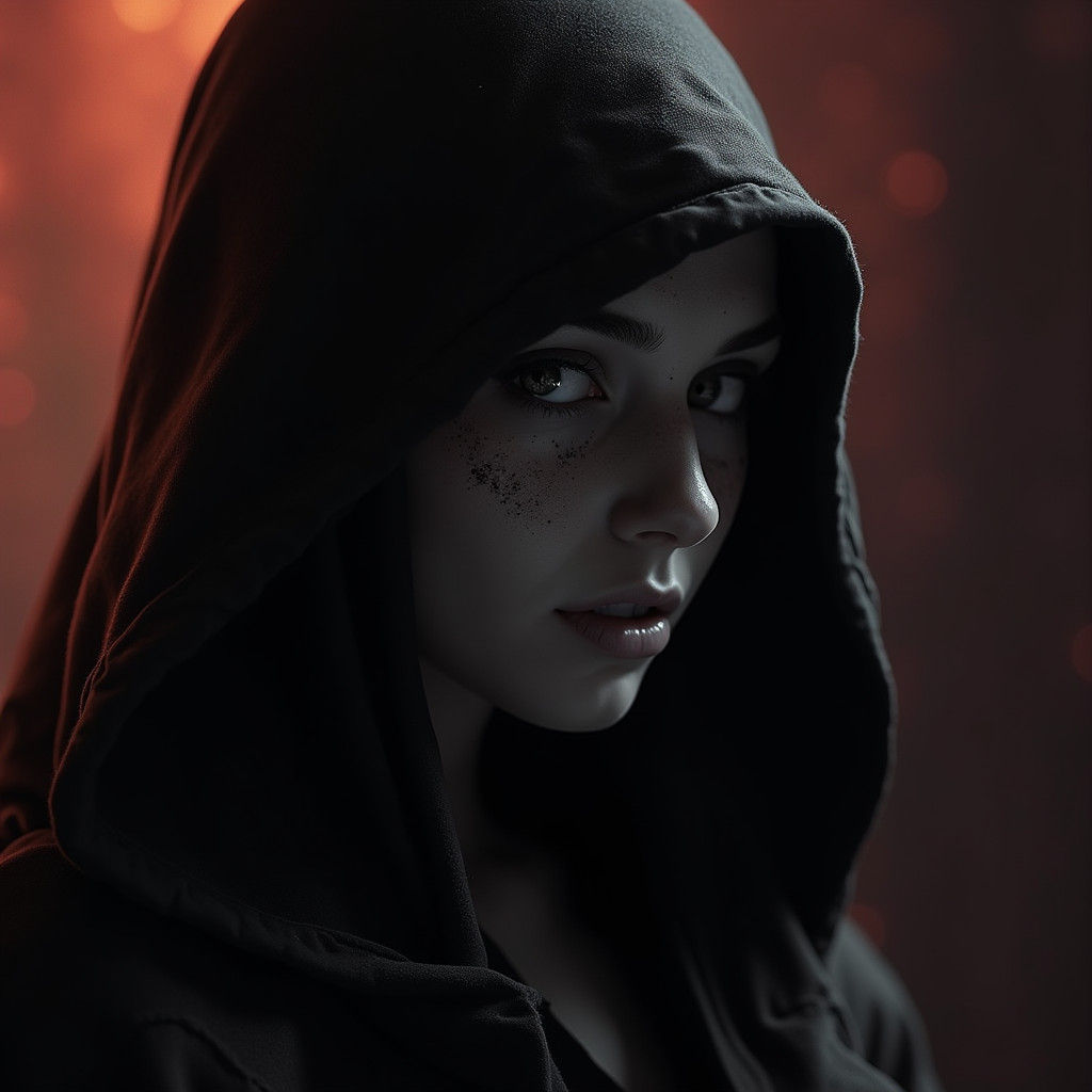 Monochrome Hooded Figure in Shadow, Hyperrealistic Portrait